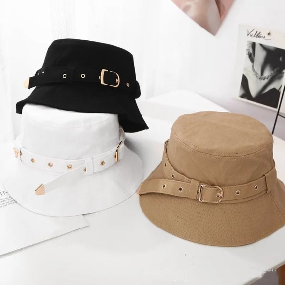 Bucket Hat Gold Buckle White Summer Beach Festival Cool Cotton Cover Vacation - Picture 2 of 4